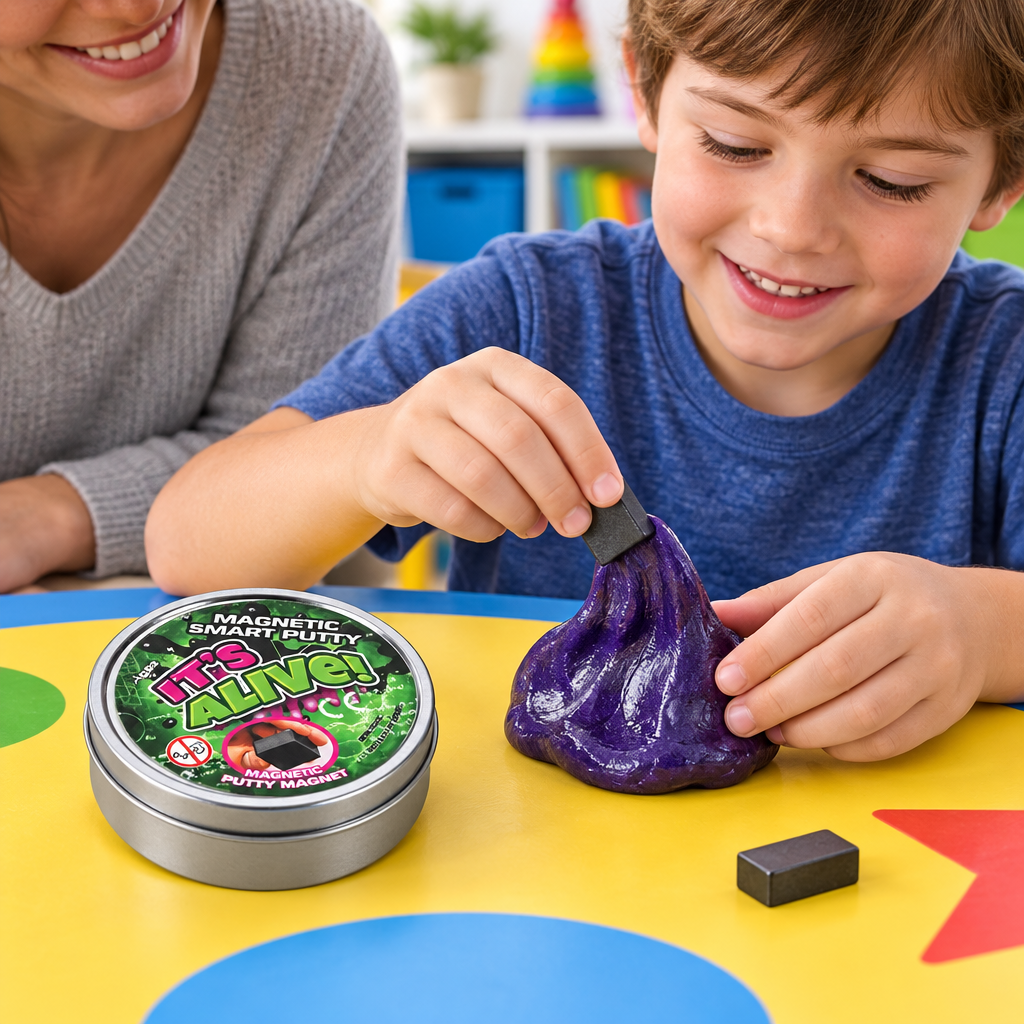 Bambino che modella pasta magnetica viola vicino al vasetto rotondo