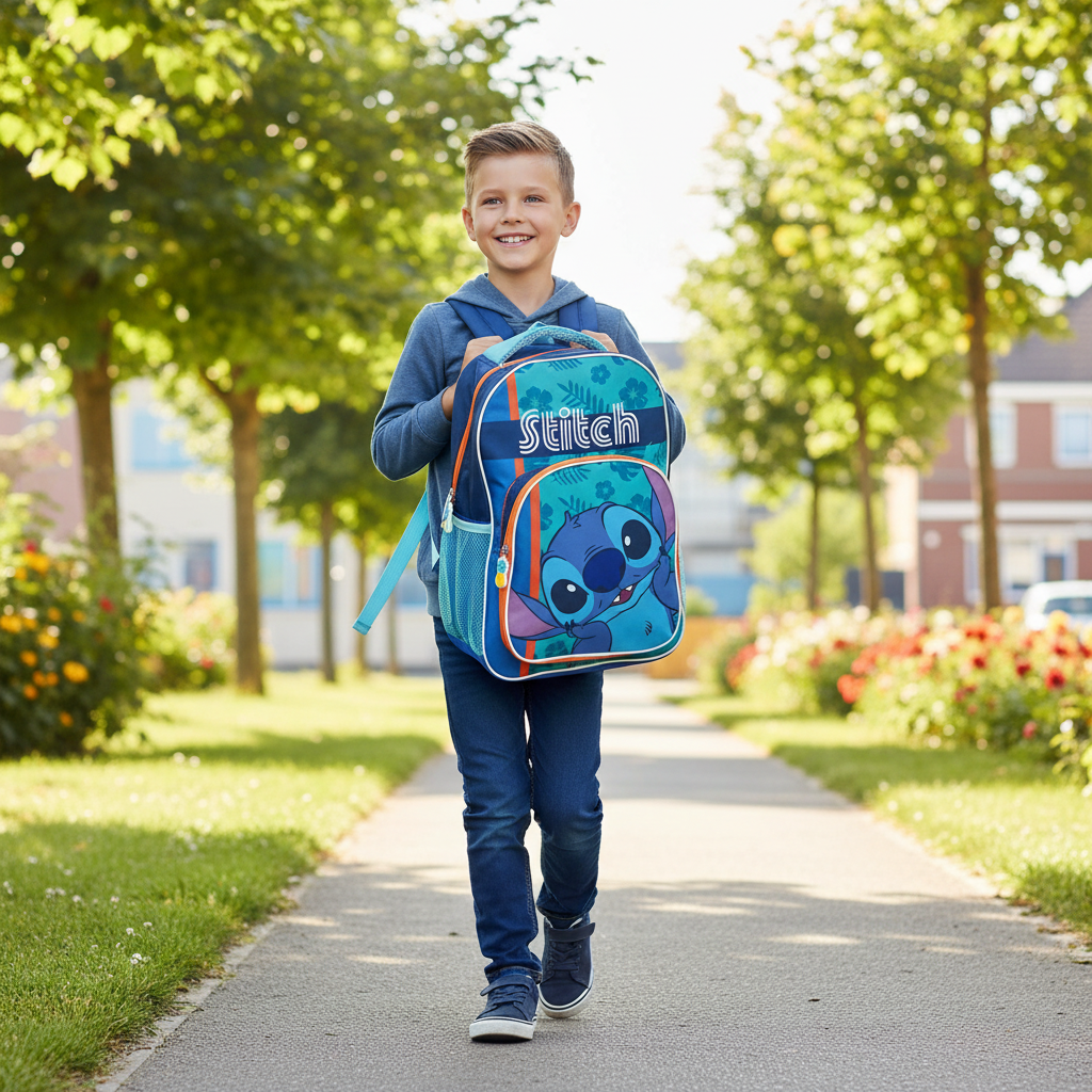 Bambino con zaino trolley Lilo & Stitch camminando verso scuola