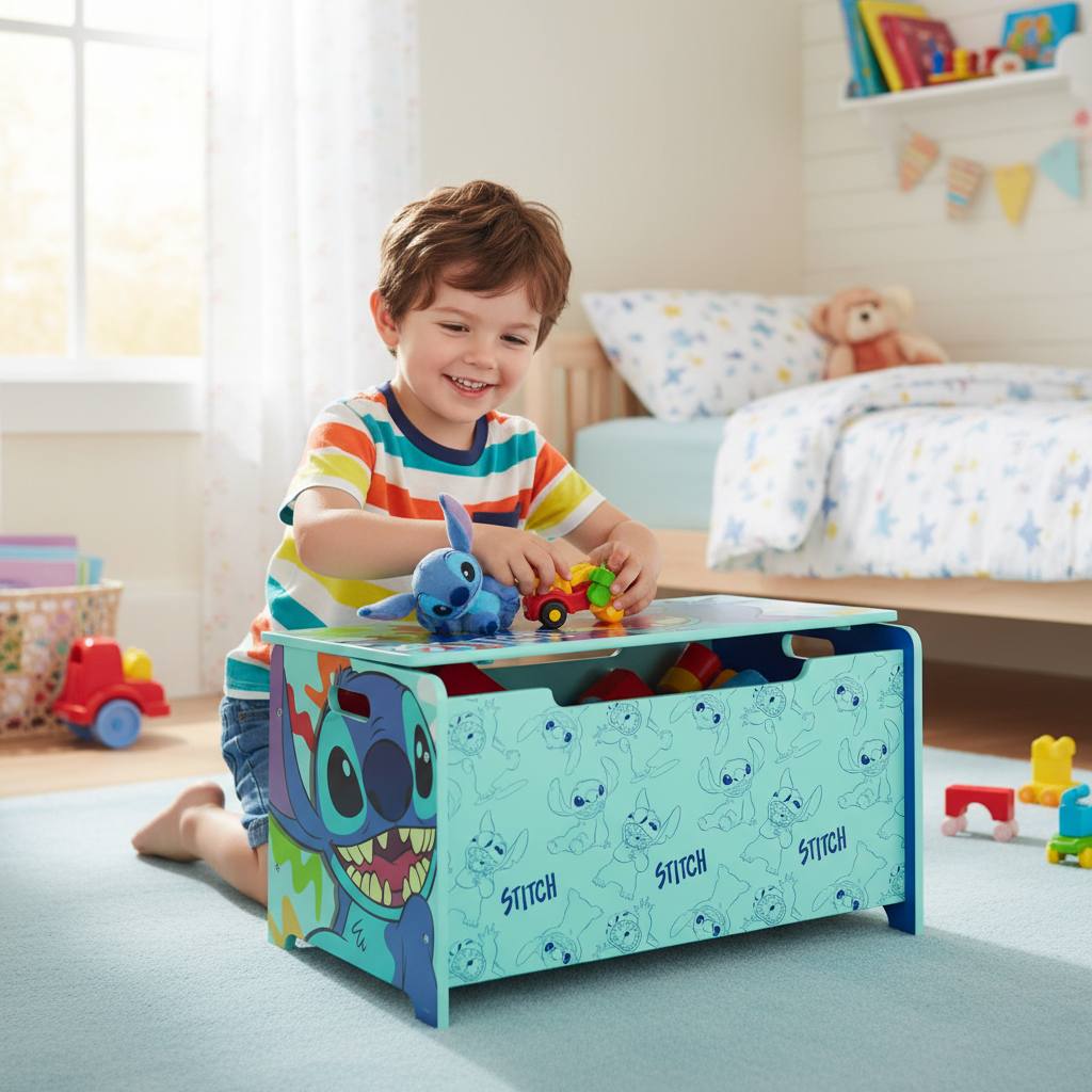 Bambino che organizza giocattoli nel portagiochi Lilo & Stitch aperto