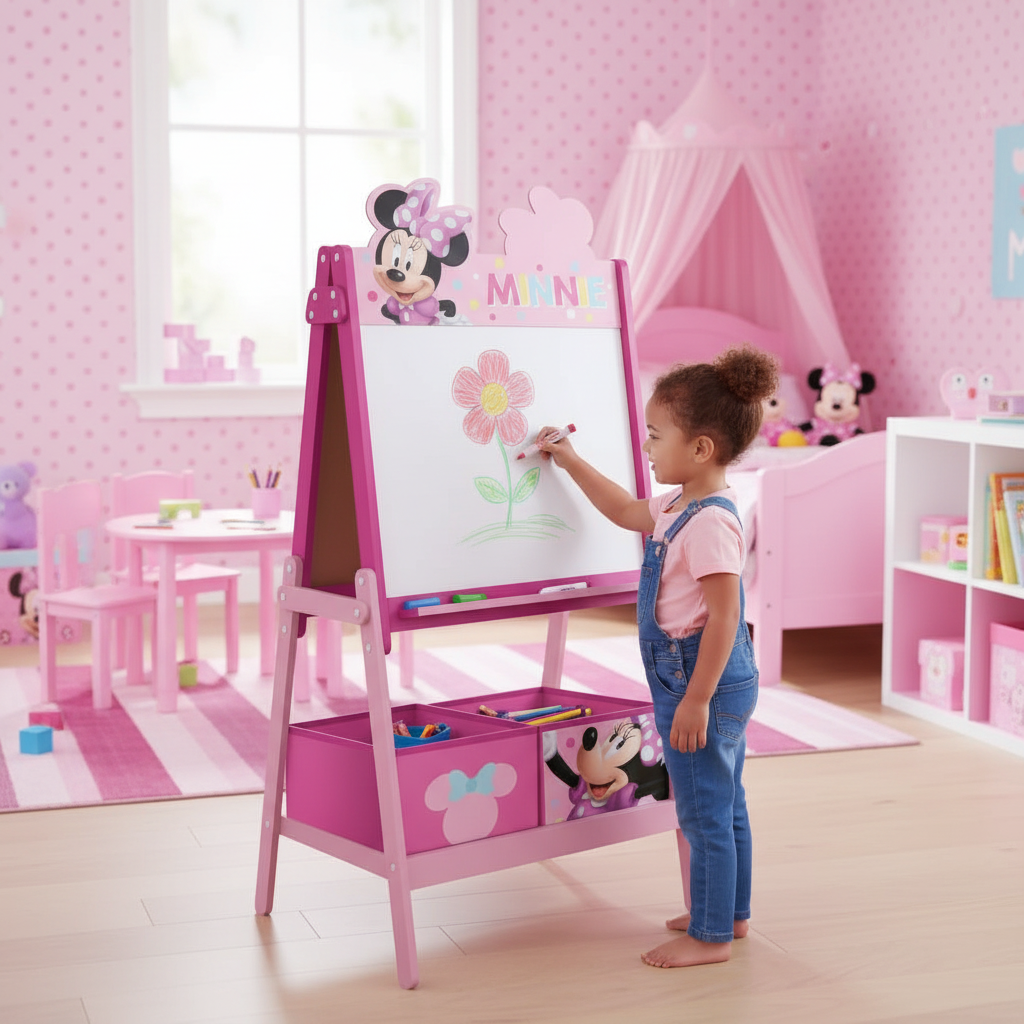 Cameretta bambina con lavagna cavalletto Minnie Mouse rosa doppia faccia