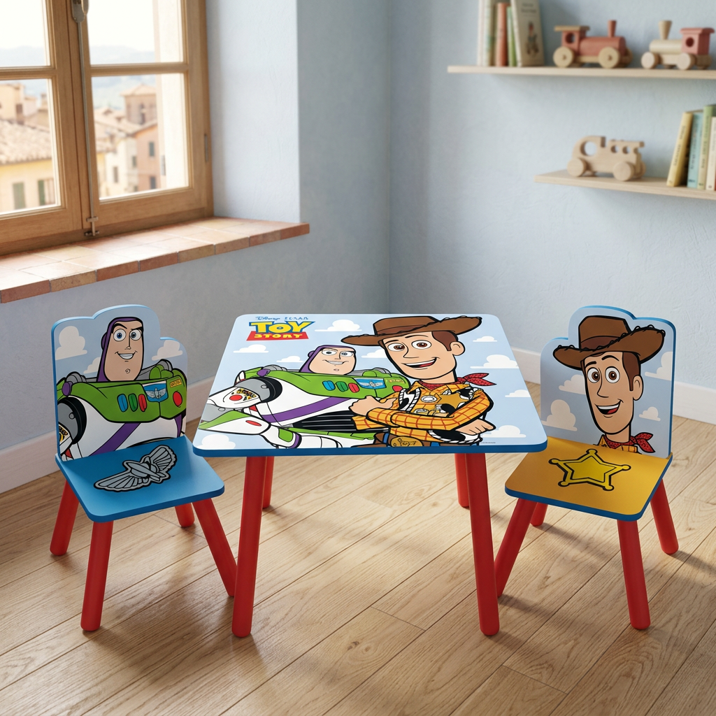 Set tavolino e due sedie Toy Story in cameretta luminosa