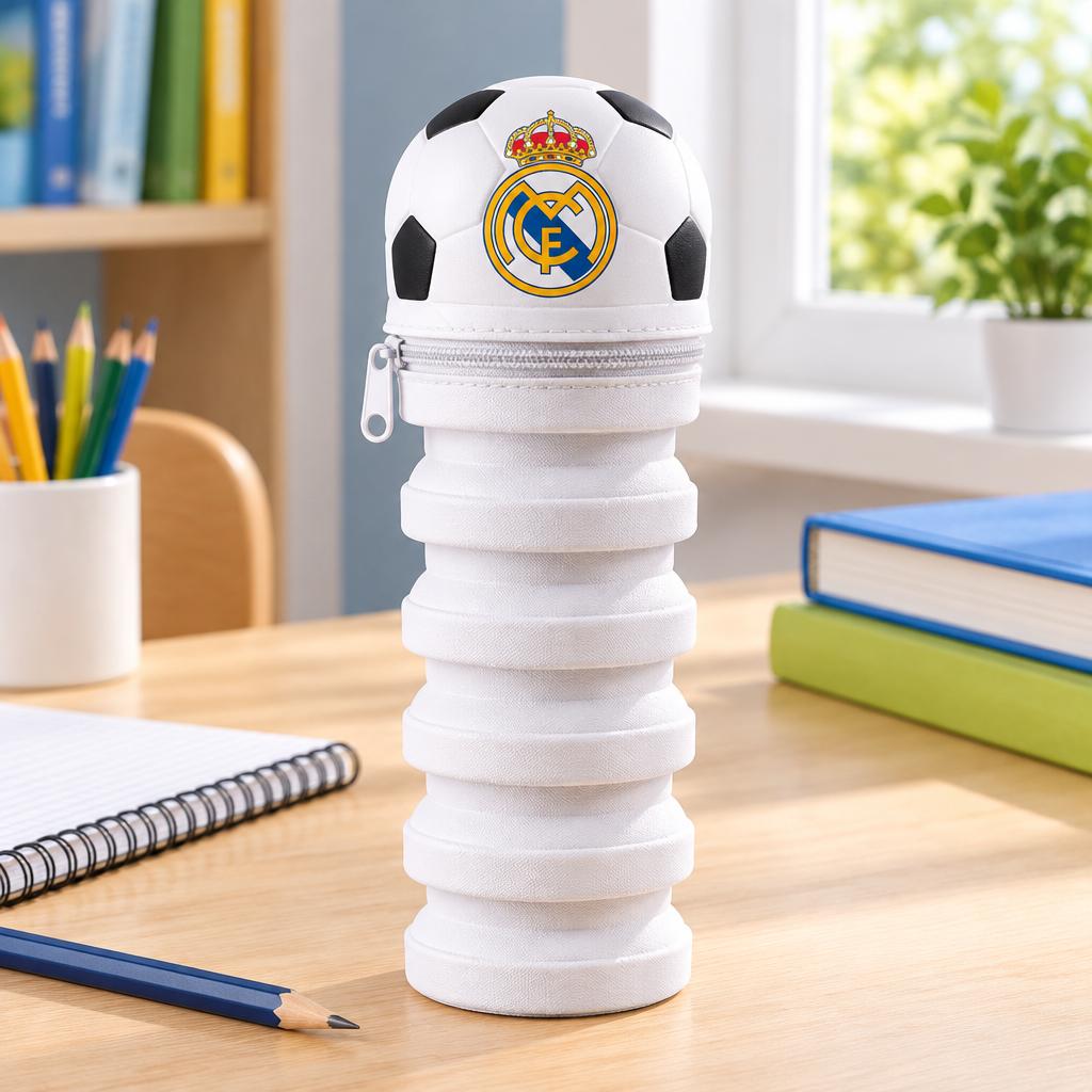 Astuccio allungabile bianco Real Madrid accanto a quaderno e matita