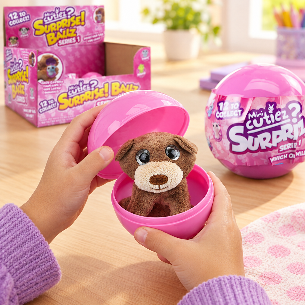 Mani che aprono la capsula rosa per rivelare il piccolo peluche cucciolo
