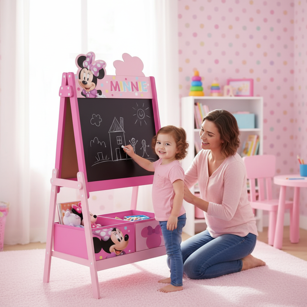 Genitore e bambina disegnano insieme sulla lavagna Minnie Mouse