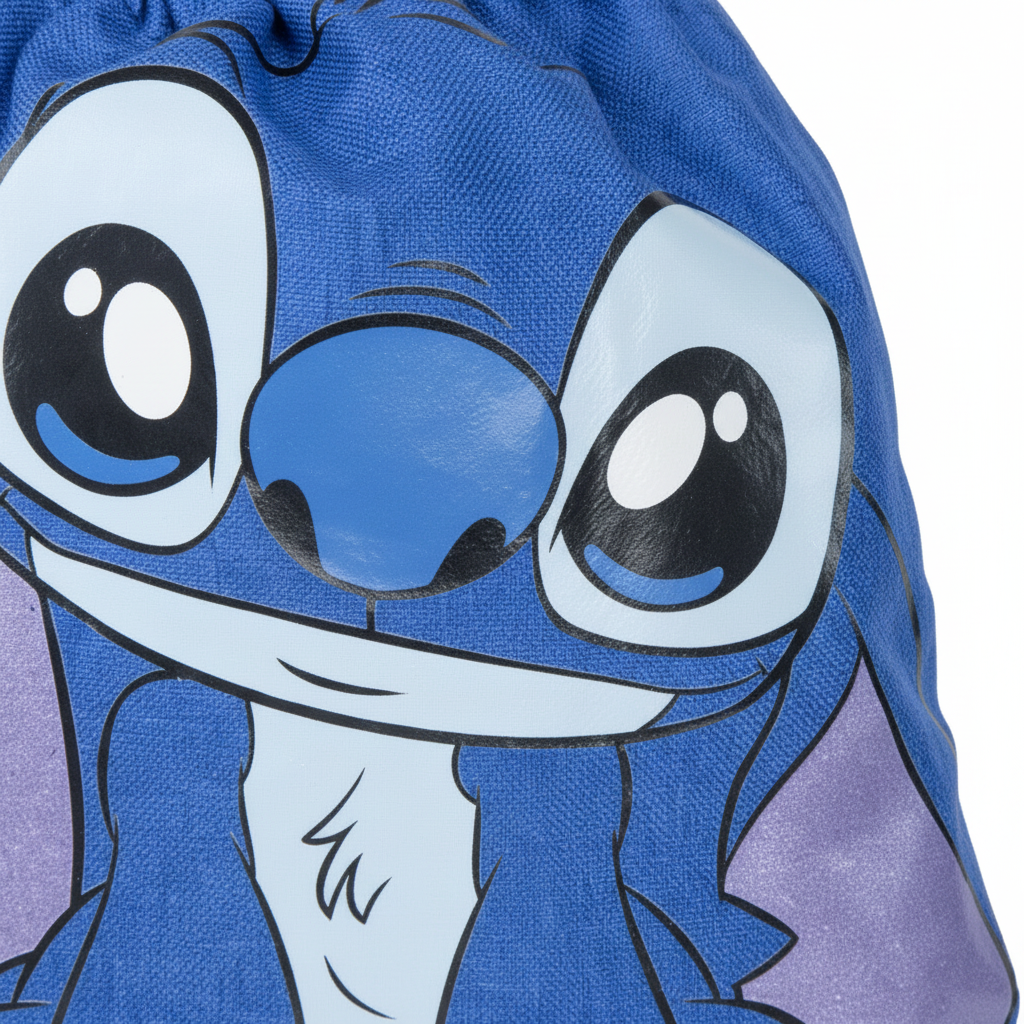 Zoom stampa viso Stitch su sacchetto qualità grafica dettagli HD