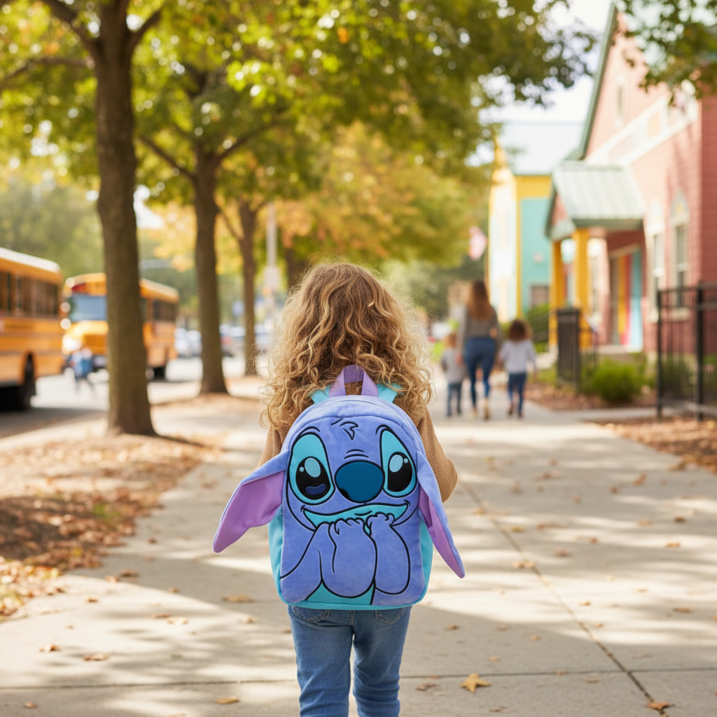 Bambino cammina a scuola materna con zaino Stitch