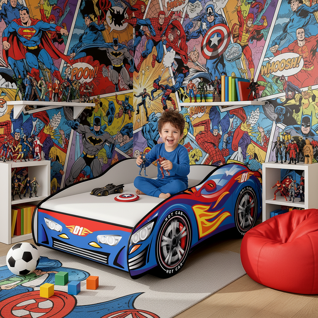 Letto Hotrace 01 cameretta supereroi fumetti murales action figures FOTOREALISTICO