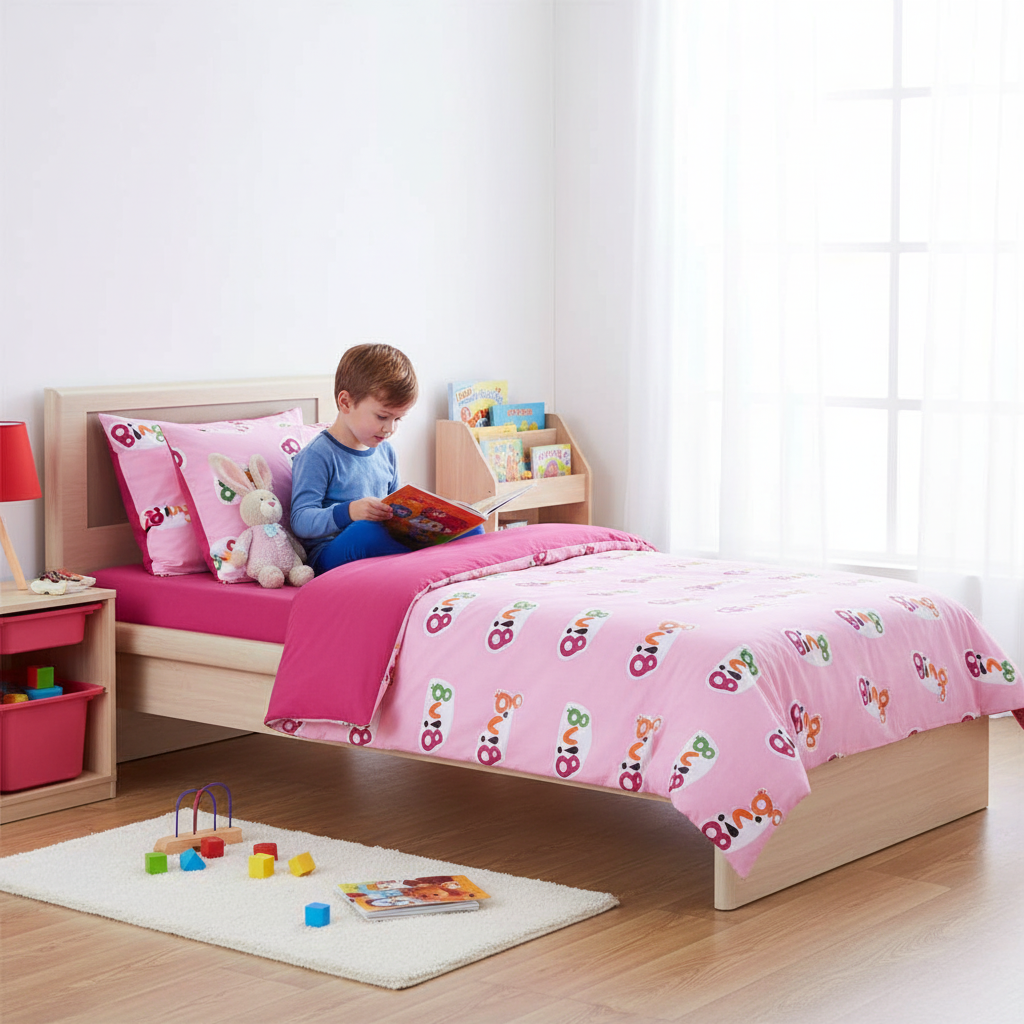 Bambino che legge sul letto con lenzuola Bing in cameretta HD