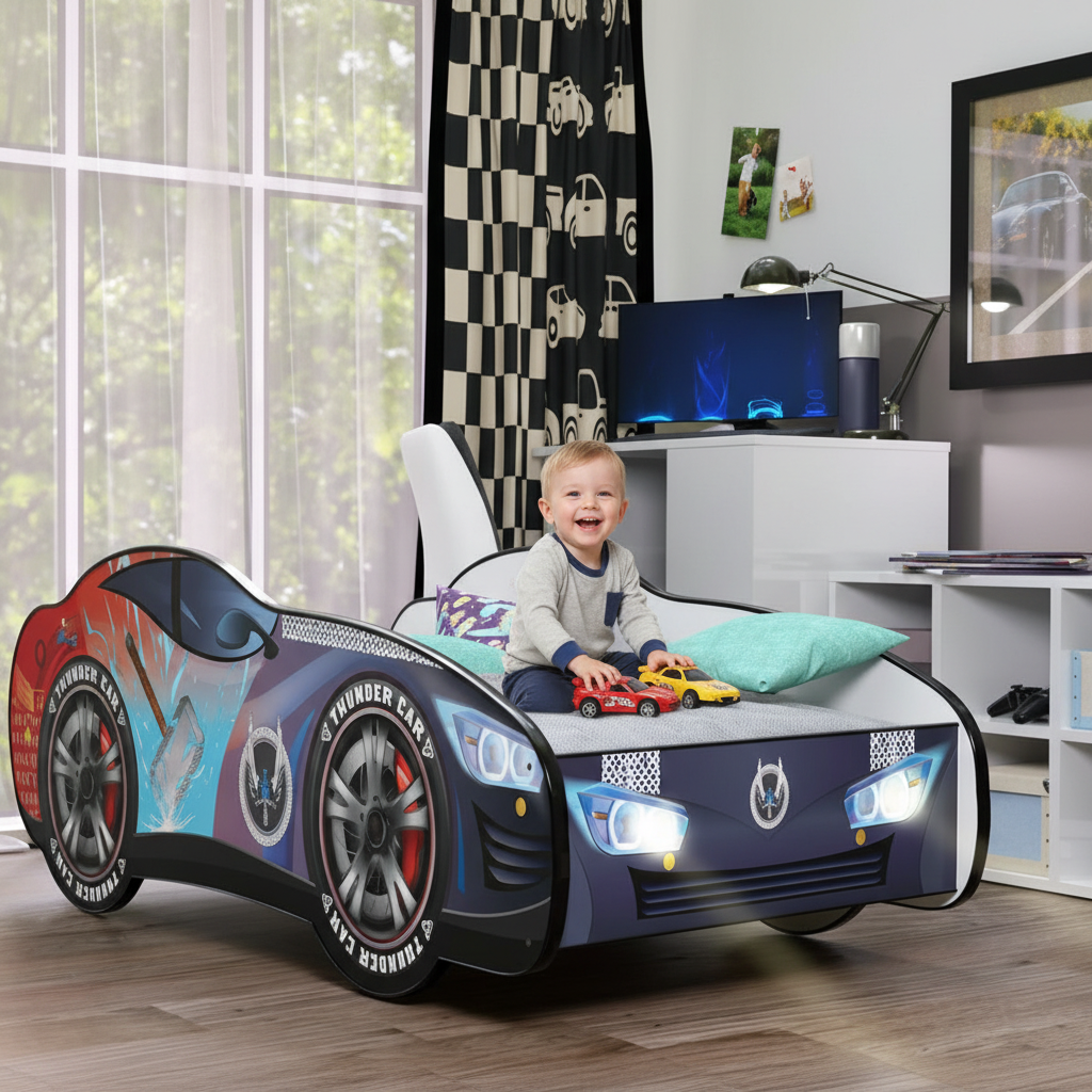 Bambino 6 anni felice gioca su letto Thunder LED cameretta moderna