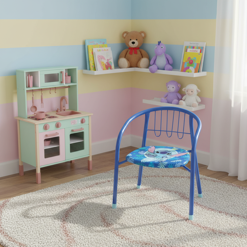 Sedia metallo in playroom colorata con cucina giocattolo