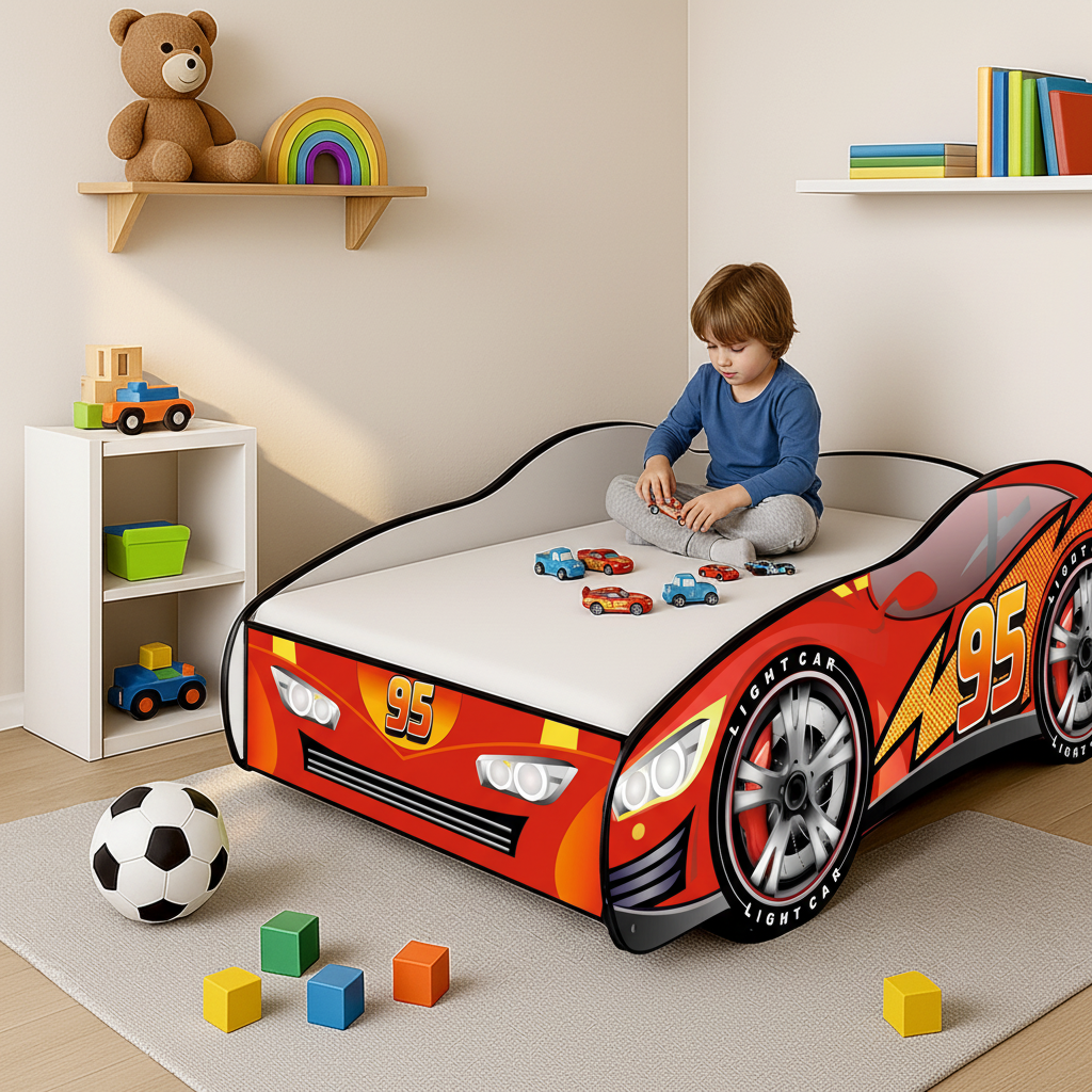 Bambino gioca macchinine letto Cars 95 cameretta reale mensole orsacchiotto pallone FOTOREALISTICO