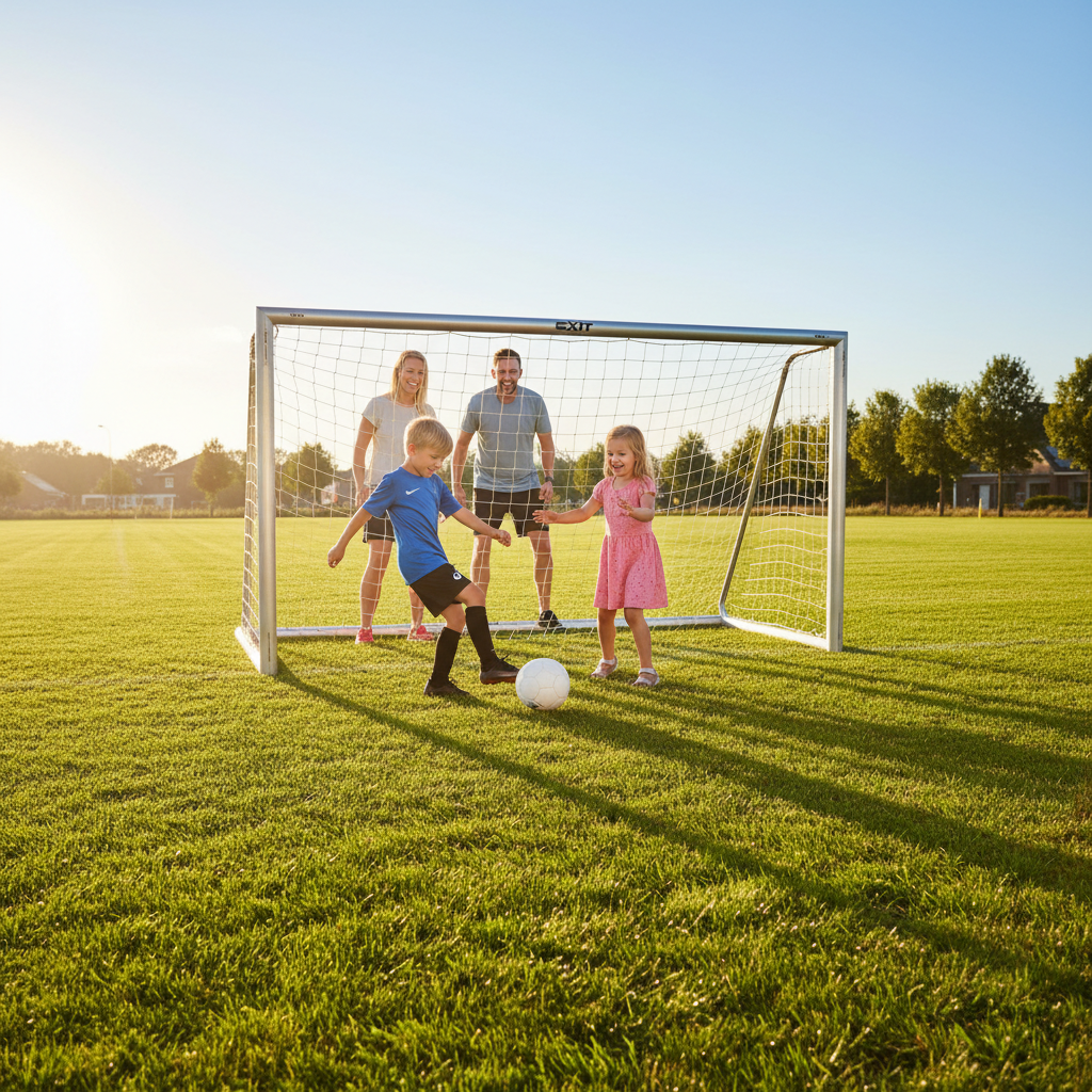 Famiglia che gioca con porta calcio EXIT Scala su prato verde