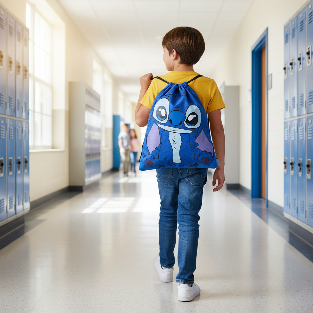 Bambino a scuola usa sacchetto Lilo & Stitch per materiale scolastico HD