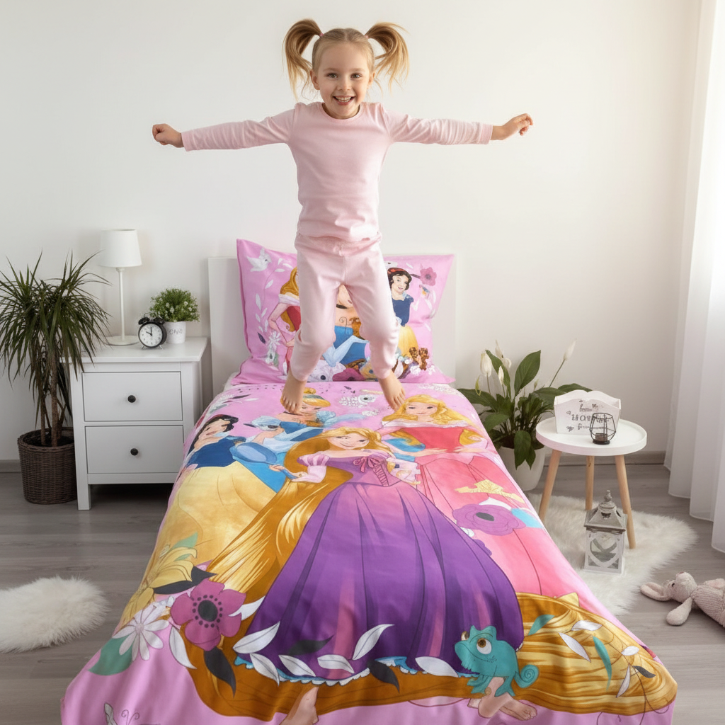 Bambina felice salta sul letto con set Disney Principesse