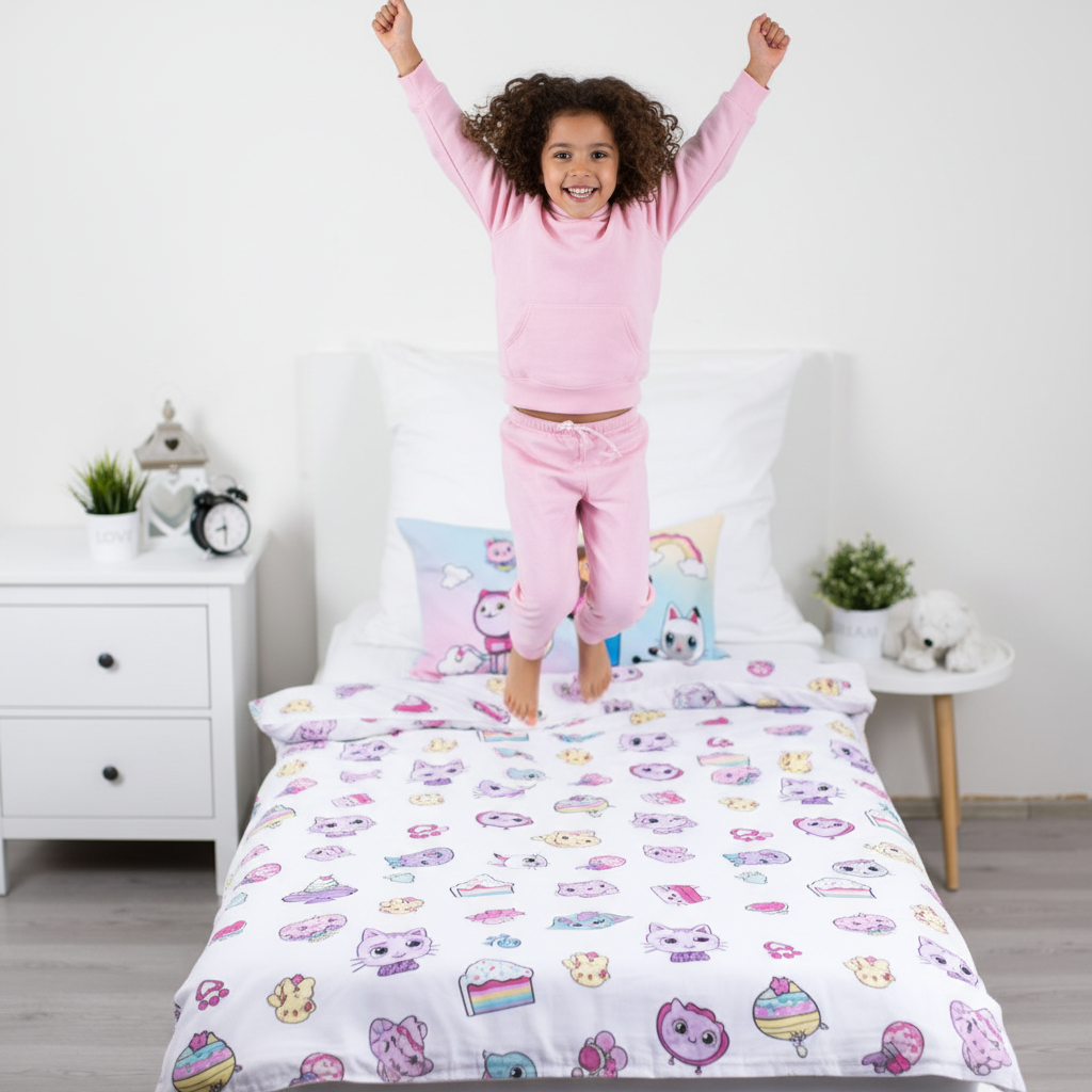 Bambina felice salta sul letto con set Gabby's Dollhouse doubleface