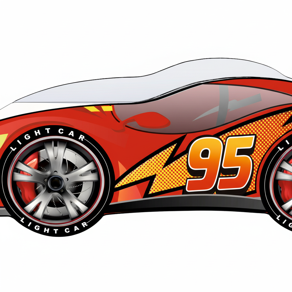 Vista laterale letto auto da corsa 95 con ruote e dettagli racing