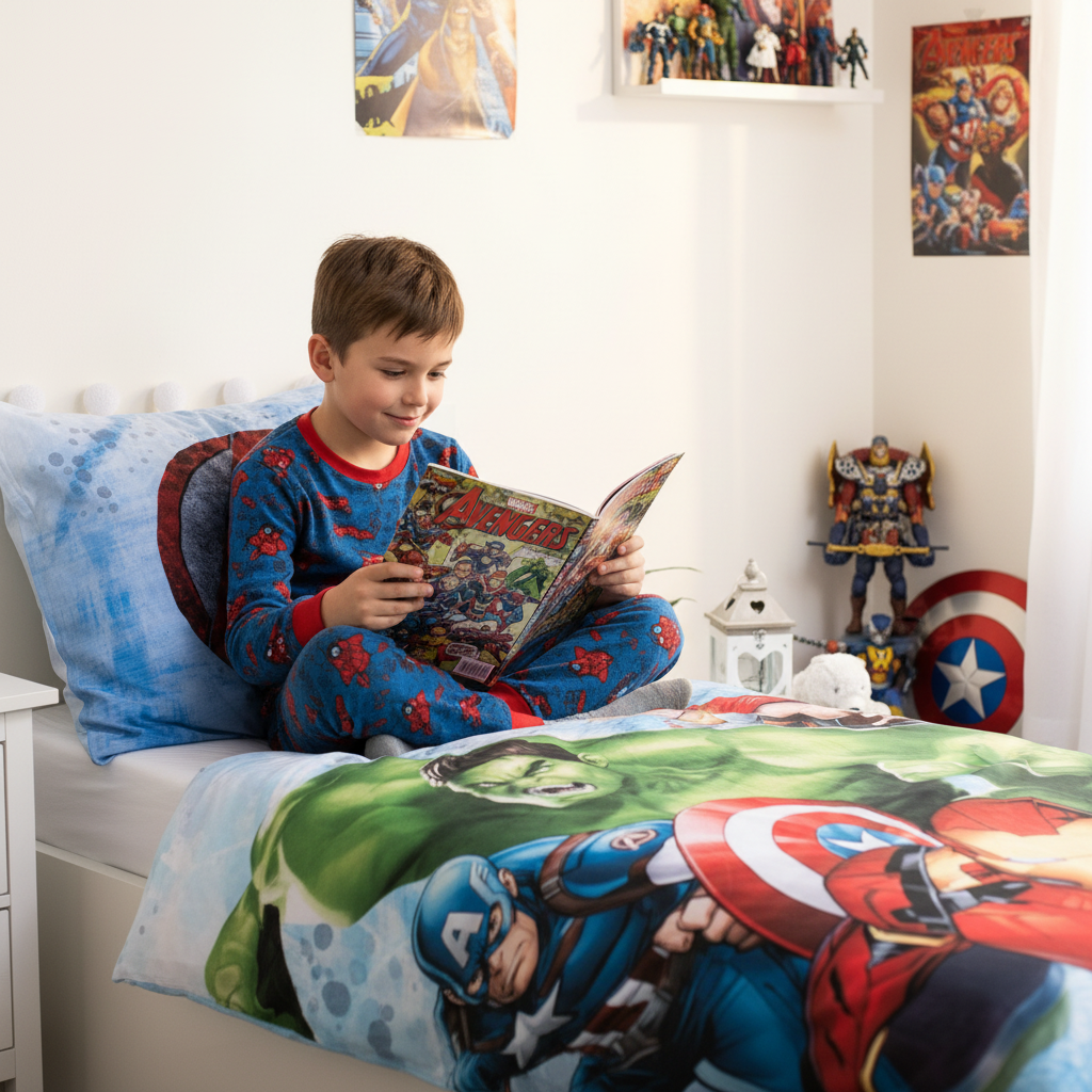 Bambino legge fumetti Marvel sul letto con set Avengers doubleface