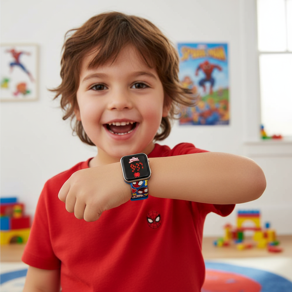Bambino mostra orologio Spider-Man Spidey con entusiasmo