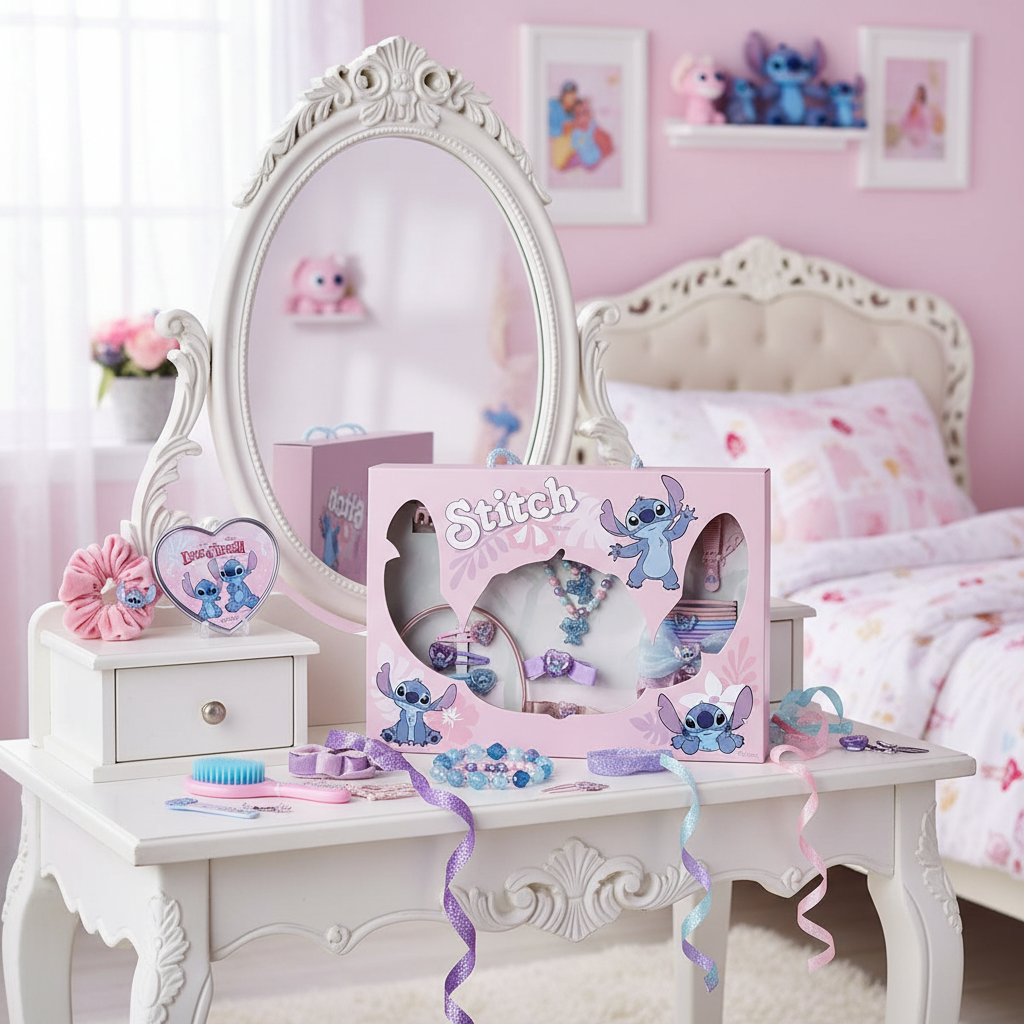 Set bellezza Stitch su tavolo vanity con specchio
