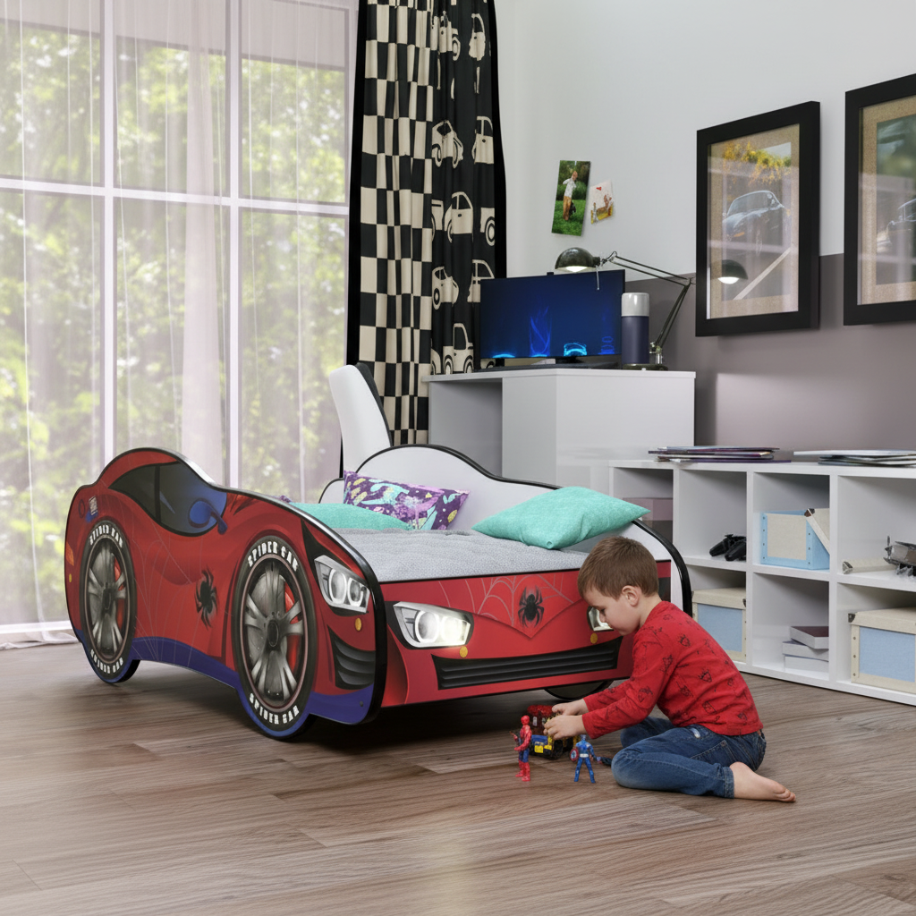 Bambino gioca vicino letto Spider-Man