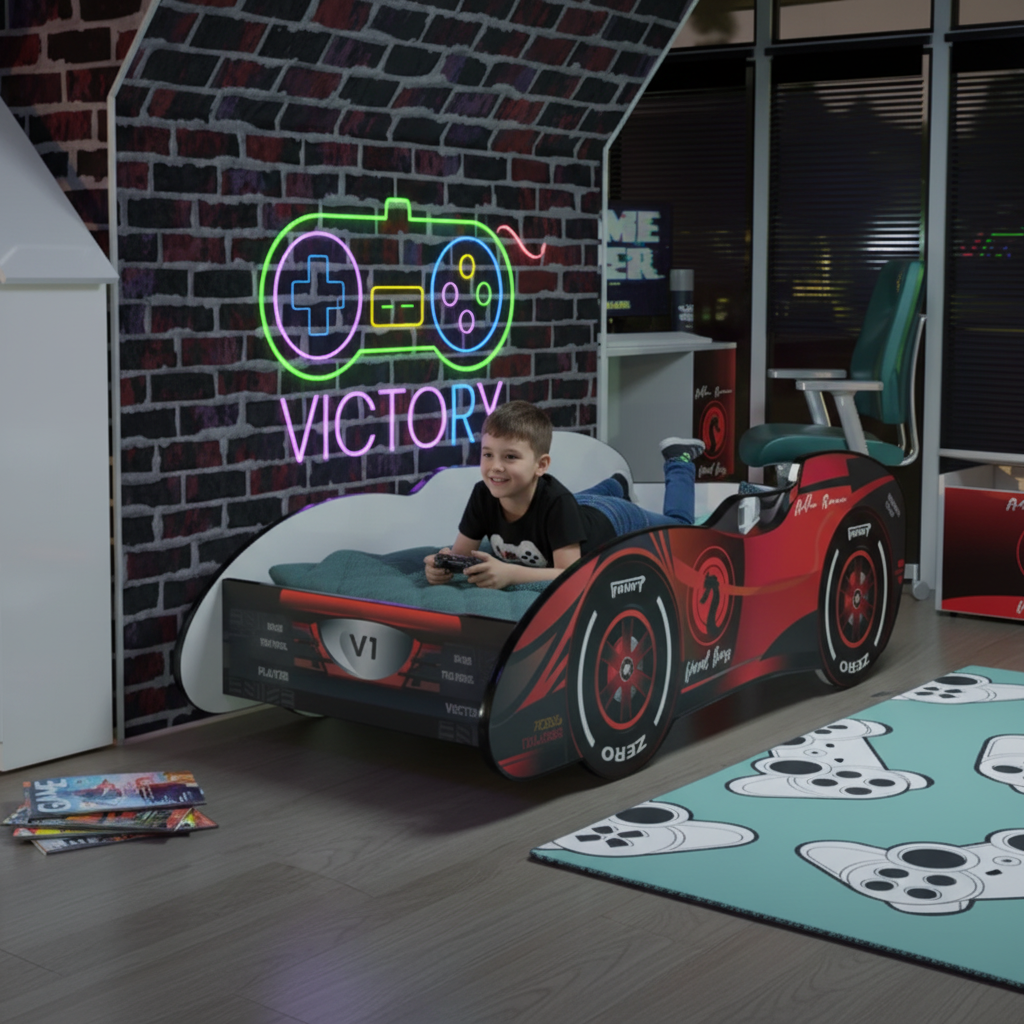 Bambino gioca sul letto auto F1 Victory Final Boss World Boys