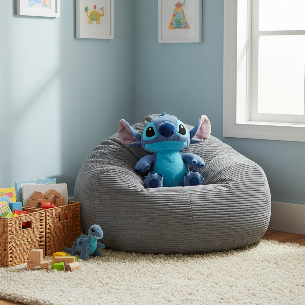 Peluche Stitch su pouf in playroom accogliente
