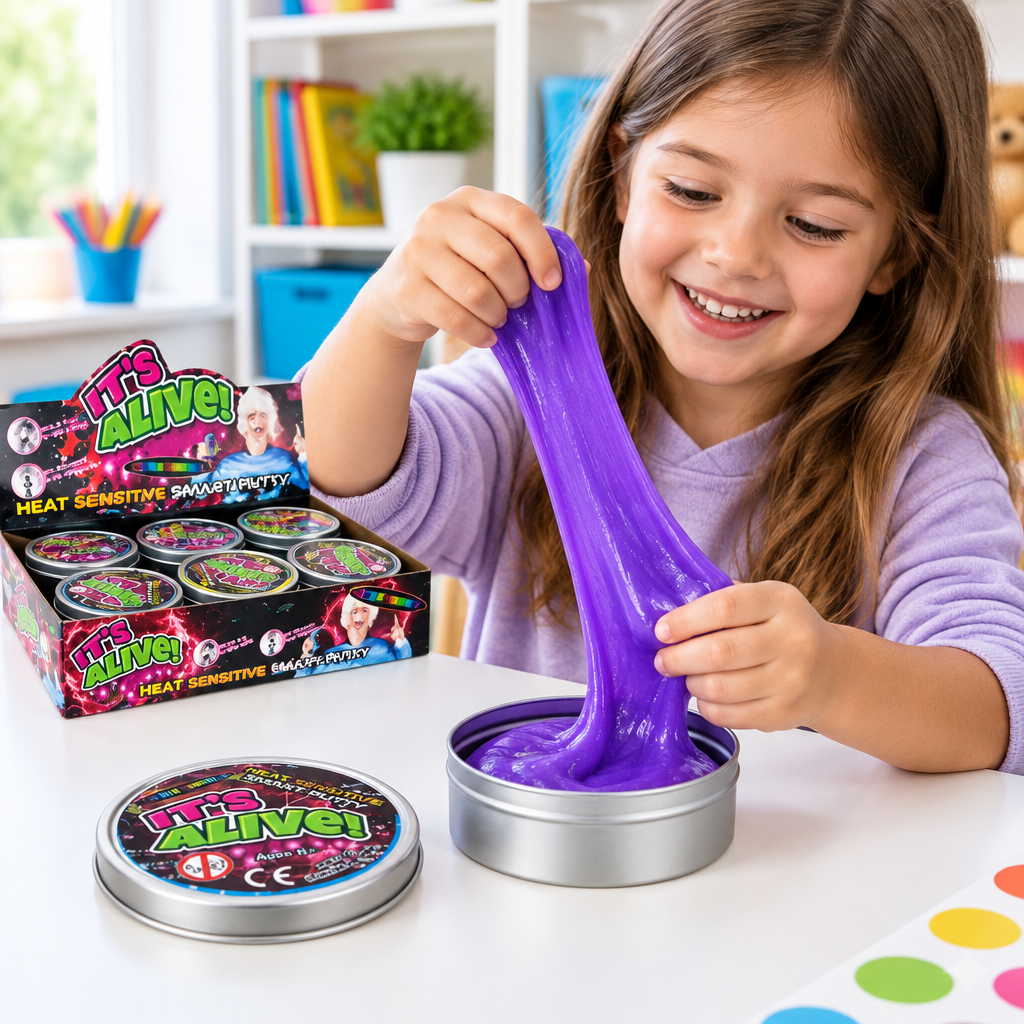 Bambino che manipola la pasta viola accanto al vasetto metallico con etichetta colorata