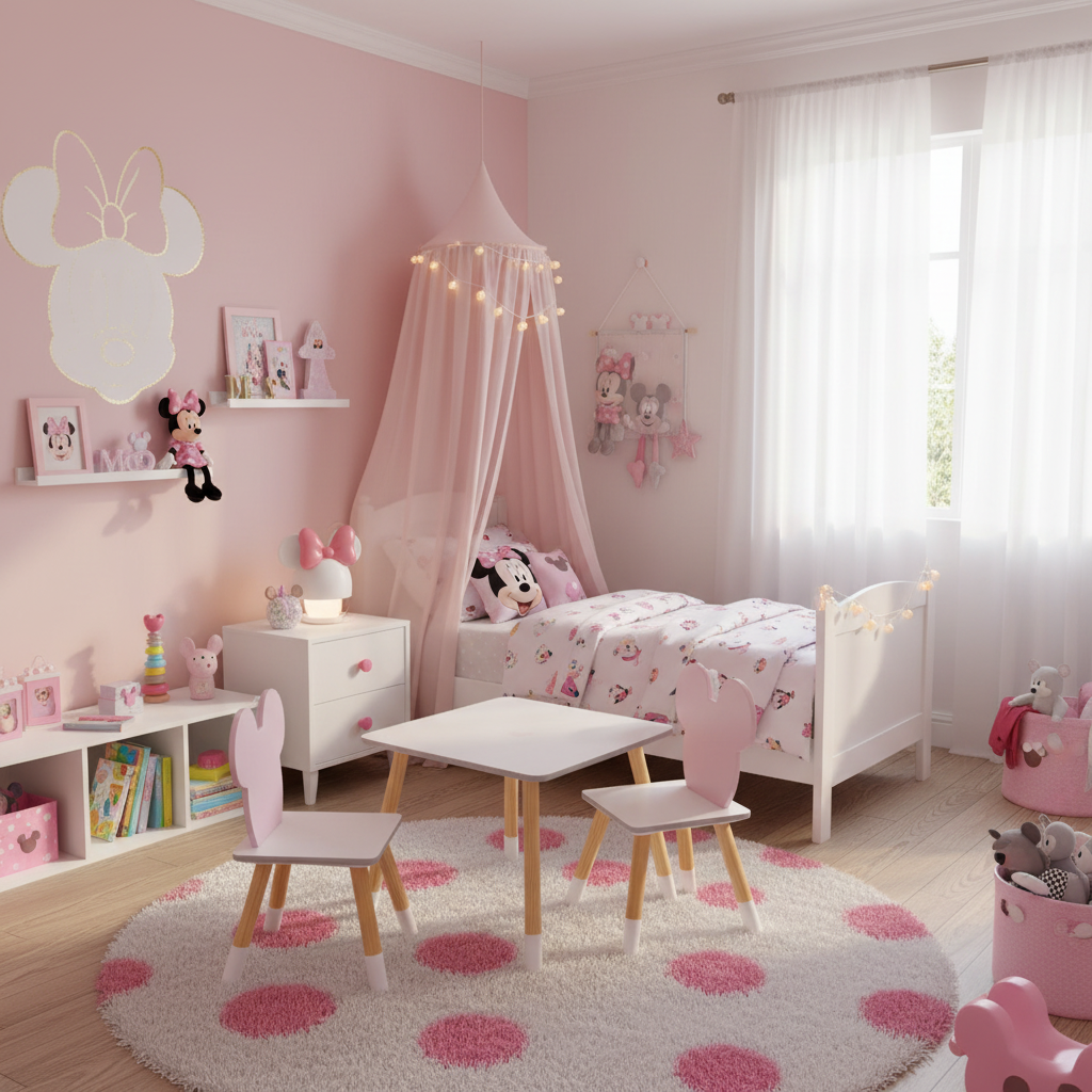 Cameretta stile Minnie Mouse con set tavolo e sedie bianco rosa completo