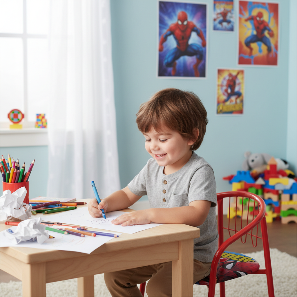 Bambino felice seduto su sedia Spider-Man che disegna