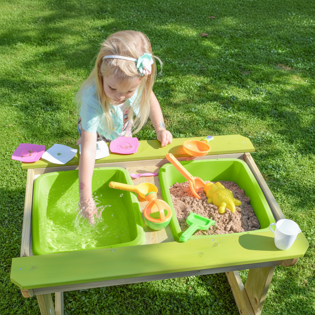 Bambina seduta al tavolo da gioco in legno con panchine