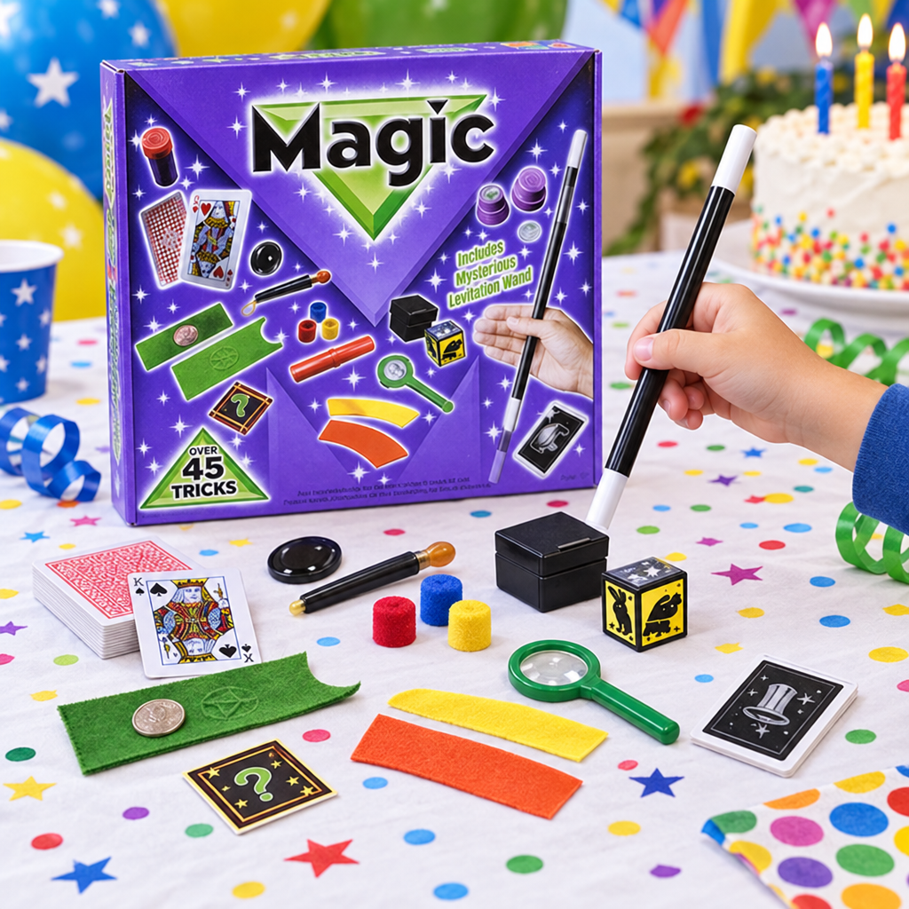 Scatola del set di magia con accessori visibili su un tavolo di festa