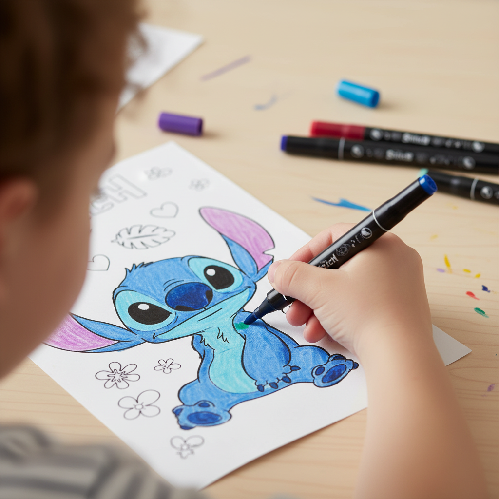 Close-up mani bambino colorano Stitch con pennarelli