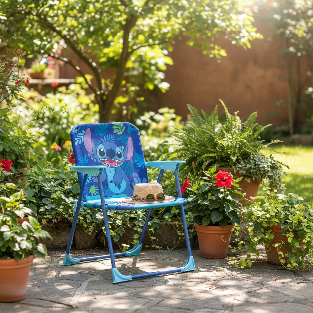 Sedia pieghevole Stitch in terrazza soleggiata con piante