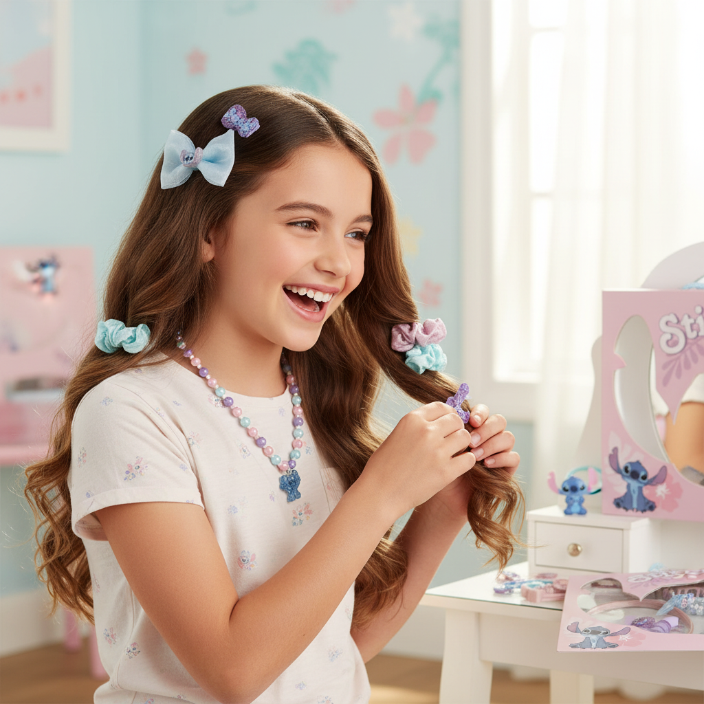 Bambina usa accessori Stitch per acconciatura