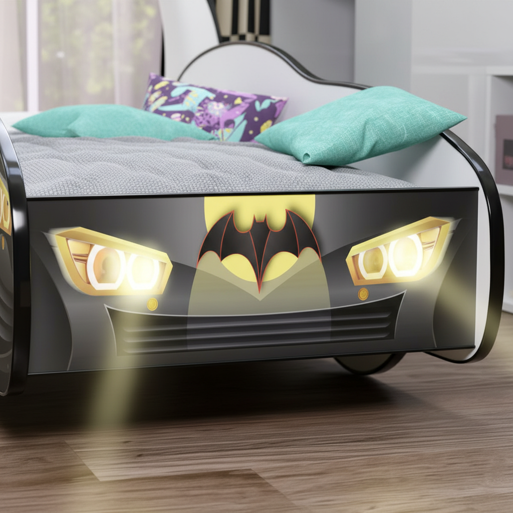 Zoom dettaglio luci LED gialle fari letto Batman