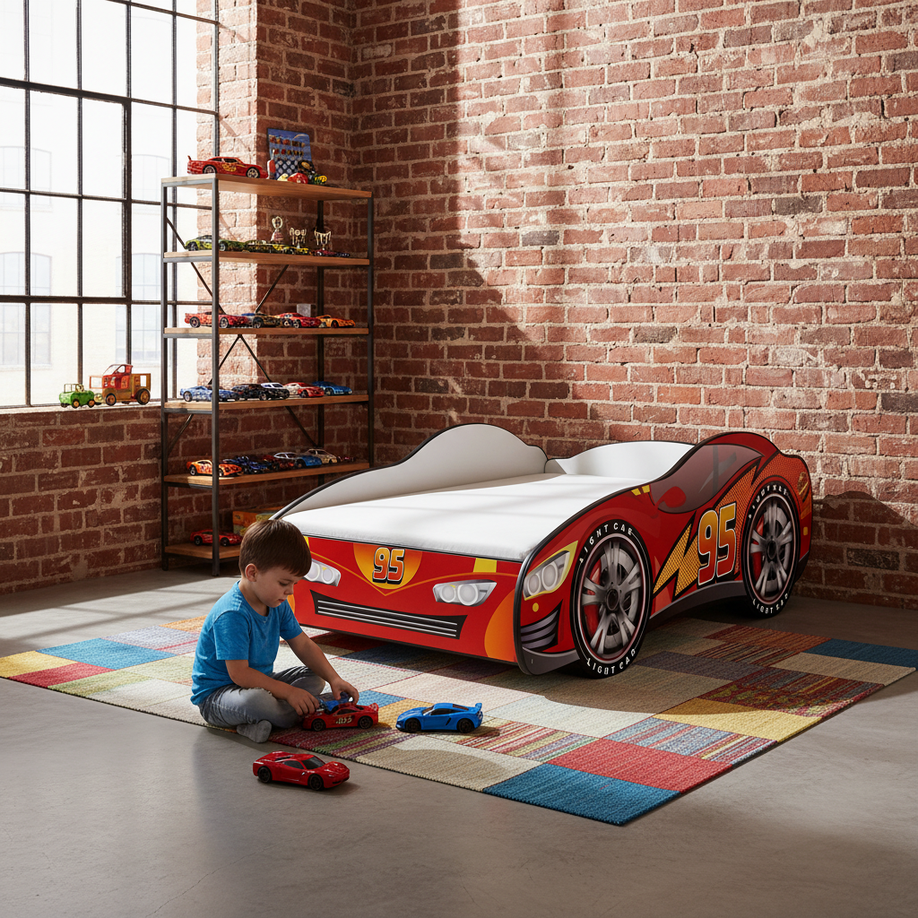 Letto Cars 95 loft industriale mattoni scaffali metallici urbano FULL HD