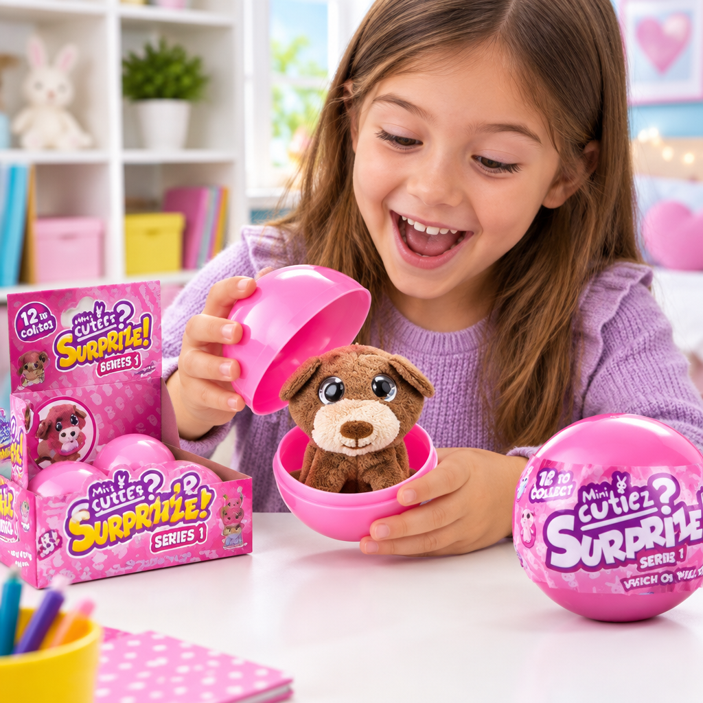 Bambino che apre la pallina rosa e scopre il peluche cucciolo marrone con occhi grandi