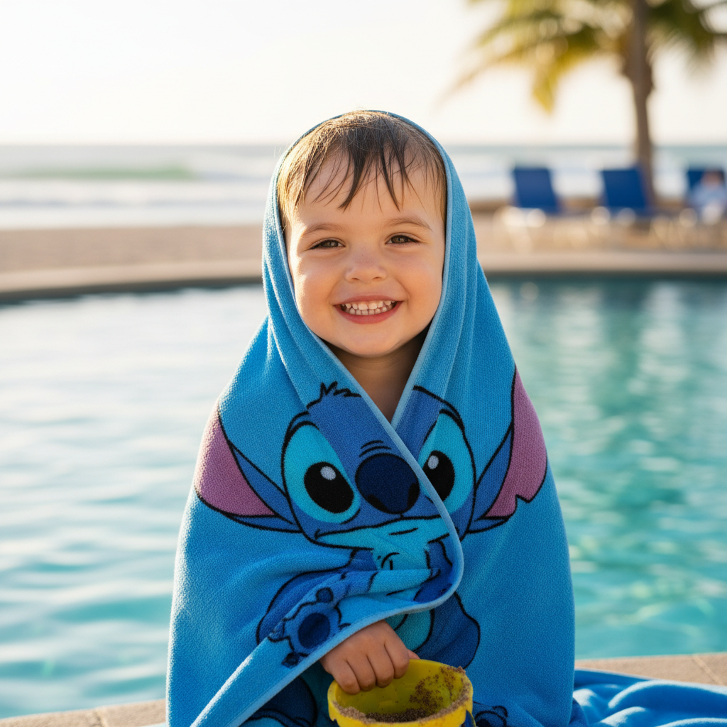 Bambino avvolto nel telo Stitch dopo il bagno
