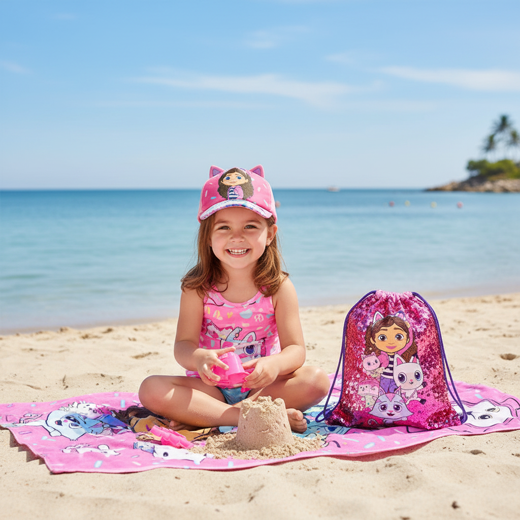 Bambina seduta su telo mare rosa Gabby's Dollhouse con cappellino coordinato