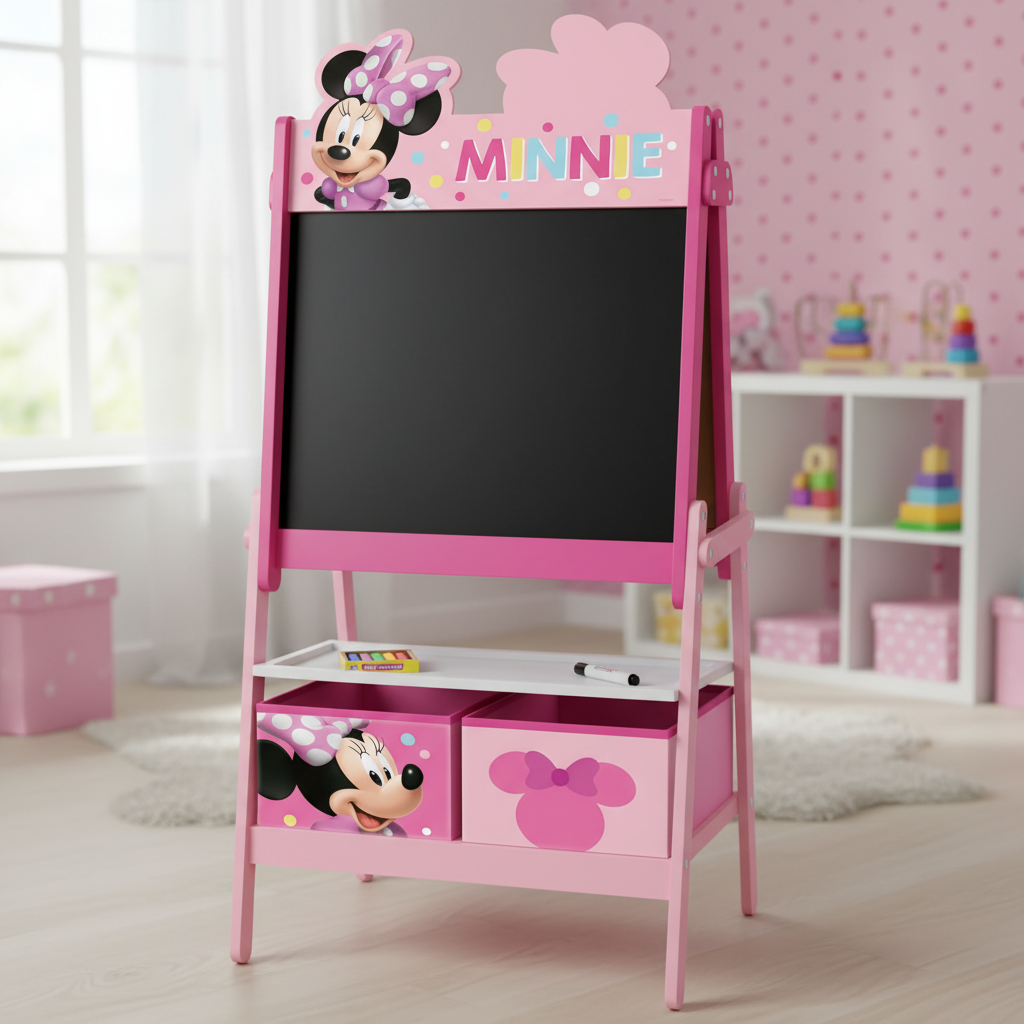 Dettaglio lavagna cavalletto Minnie Mouse rosa grafica MINNIE colorata