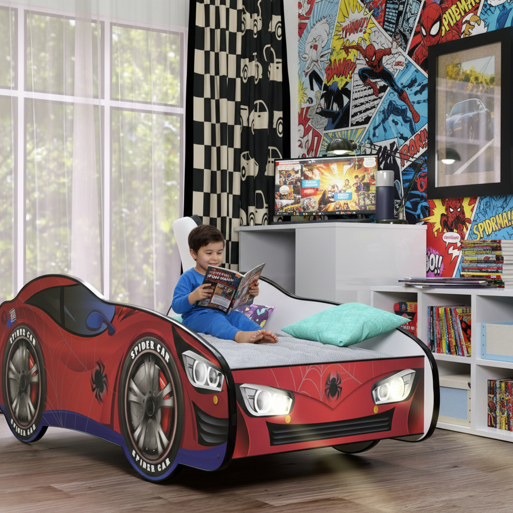 Letto Spider-Man rosso fumetti murales città bambino legge