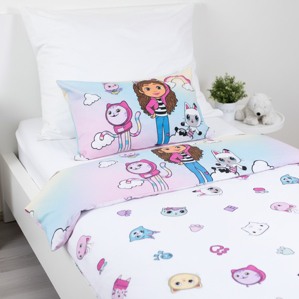 Dettaglio set letto Gabby's Dollhouse doubleface copripiumino pastello