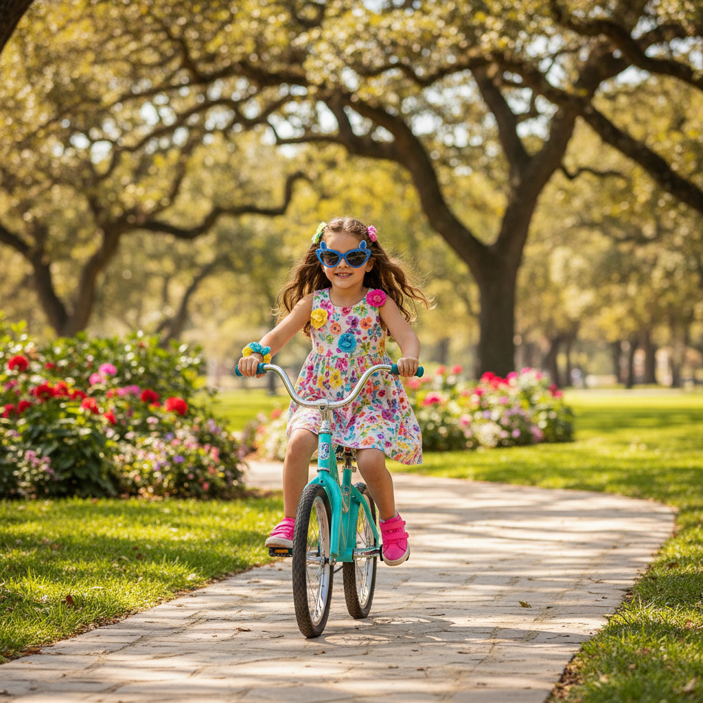 Bambina in bicicletta con occhiali Stitch