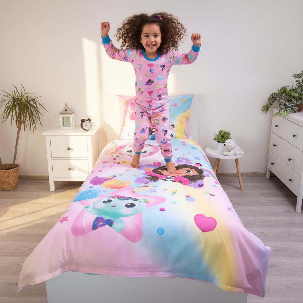 Bambina felice salta sul letto con set Gabby's Dollhouse doubleface rainbow