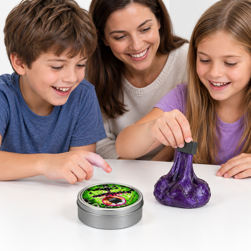 Due bambini che esplorano la pasta magnetica viola con vasetto e magnete