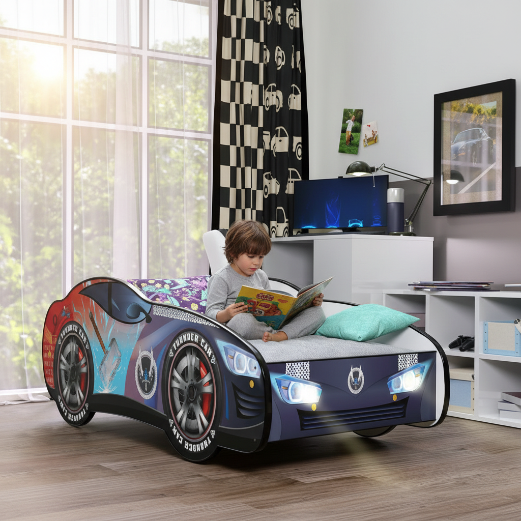 Bambino legge su letto Thunder con luci LED atmosfera accogliente