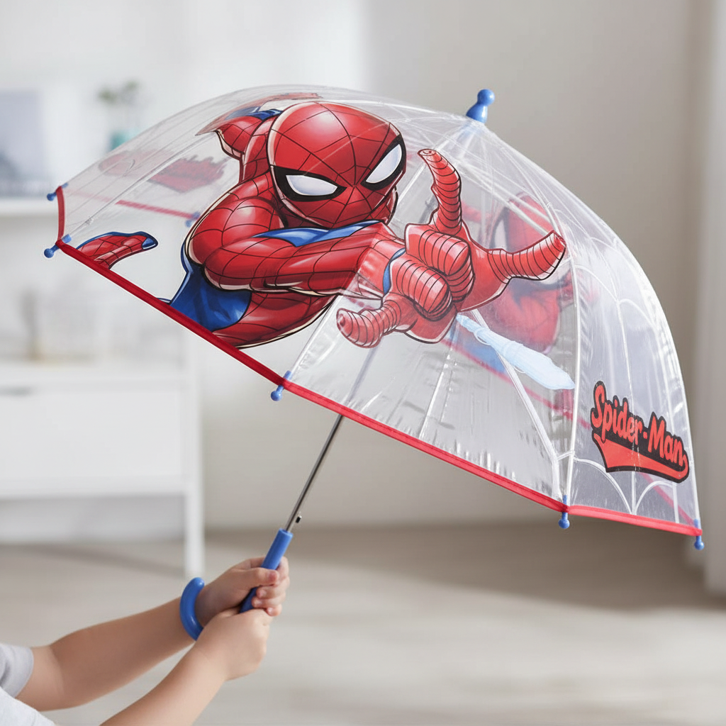 Dettaglio ombrello Spiderman trasparente con grande grafica Uomo Ragno