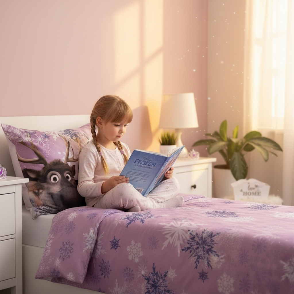 Bambina legge libro Frozen sul letto con set doubleface Elsa Anna
