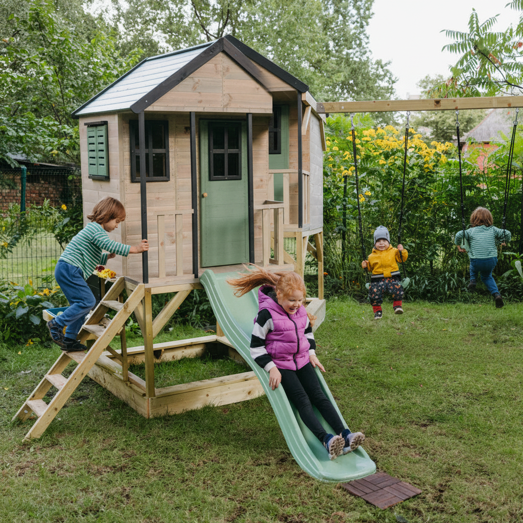 Bambino che scivola sullo scivolo della casetta M60