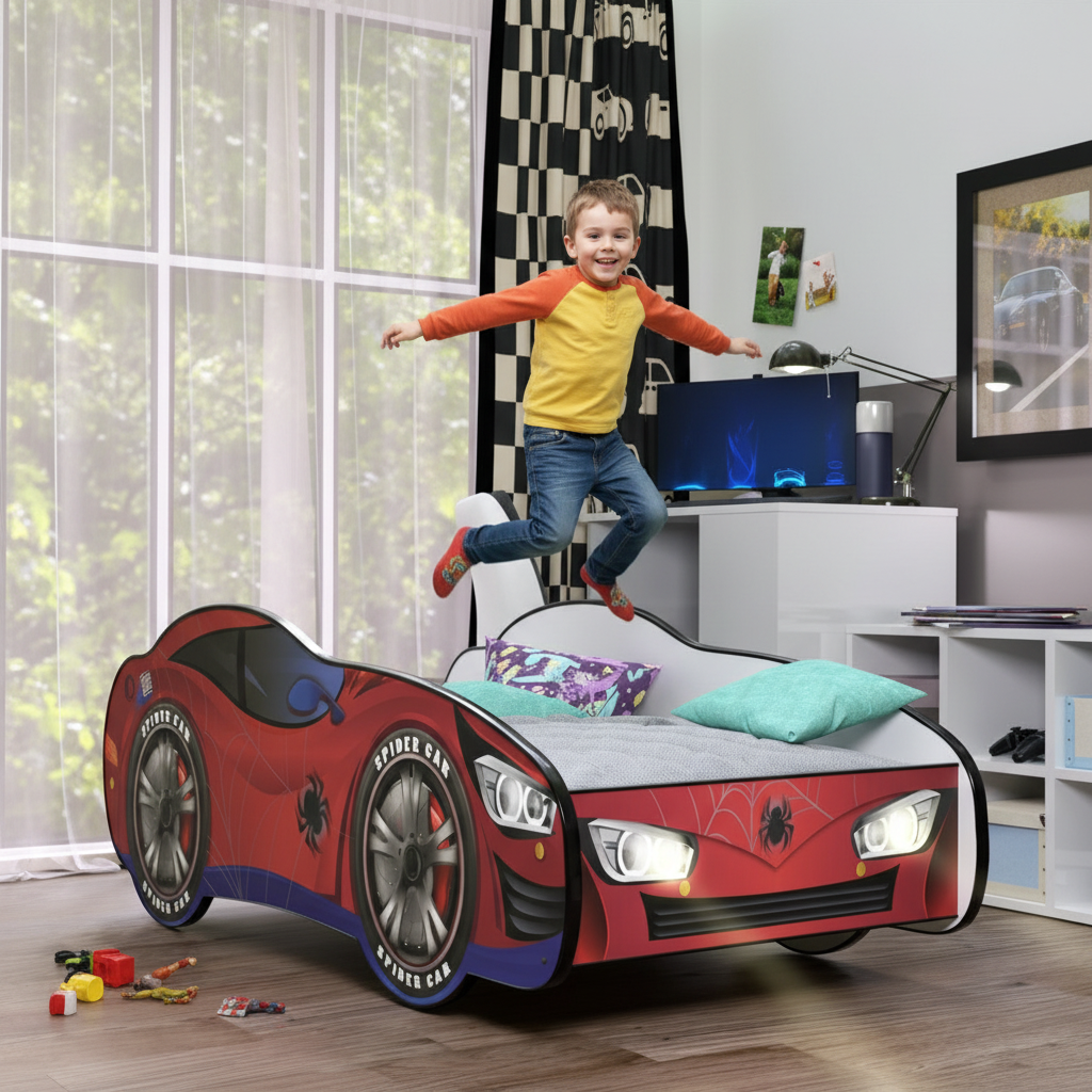 Bambino salta felice letto Spider-Man rosso LED gioco energico FULL HD